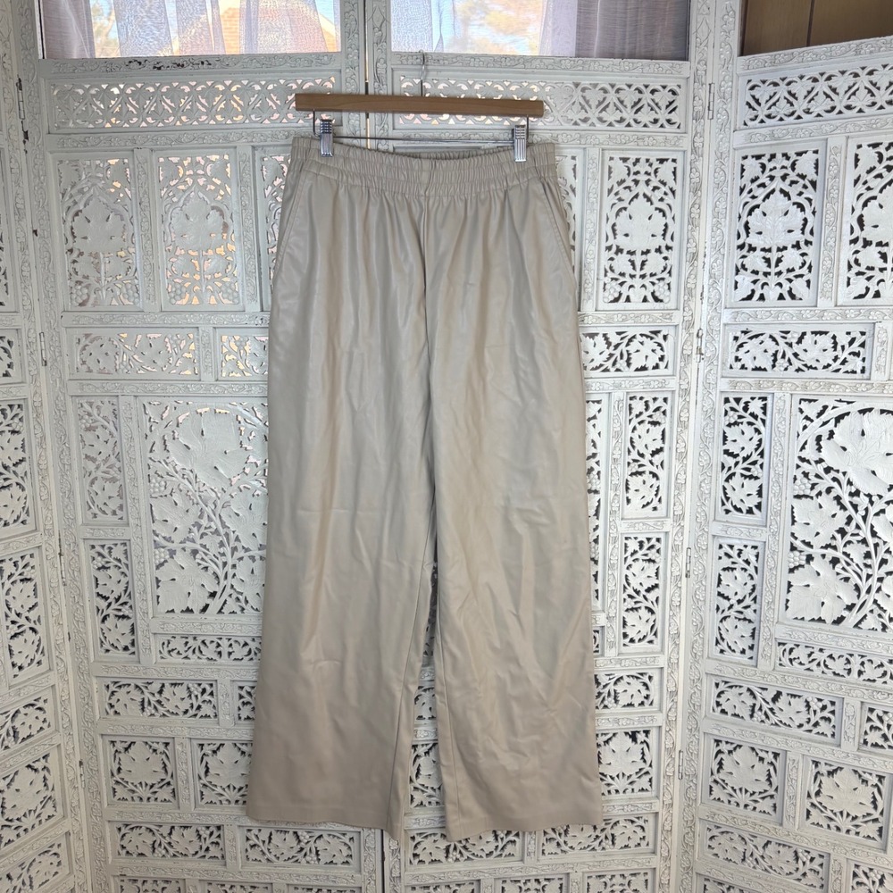 Oysho Beige Faux Leather Pants Womens Large Wide Leg Pleather‎ Elastic Waist